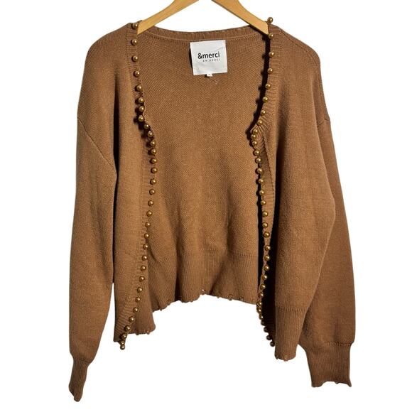 &Merci Sweaters - &Merci Cardigan Women M Brown Tan Caramel Pearl Embellished Preppy Quite Luxury